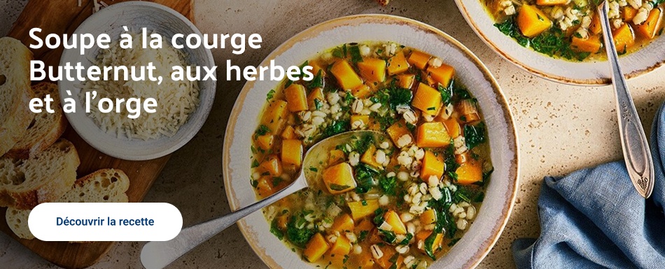 Soupe à la courge Butternut, aux herbes et à l’orge